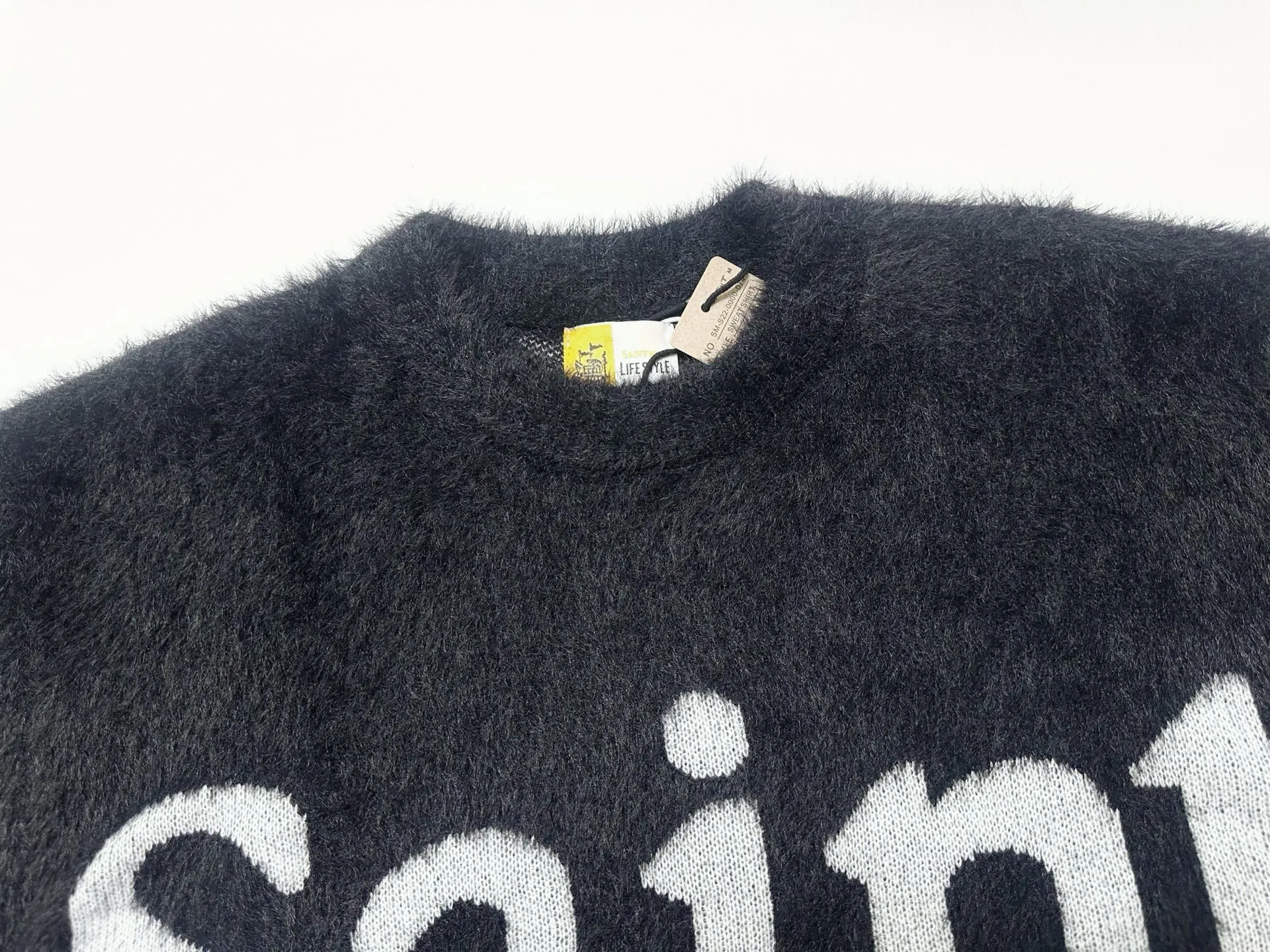 ❥4029#P226 SAINT Mxxxxxx × DENIM TERAS mohair sweater long sleeves BTS same style loose short design + fluffy version same style for men and women Color: Black Size: S M L XL
